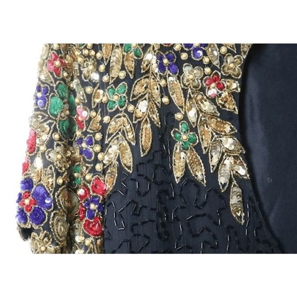 STENAY 🐾 Vintage Silk Bead Sequin Pearls Dress Black Floral Leaf Gold Metallic - Picture 4 of 6